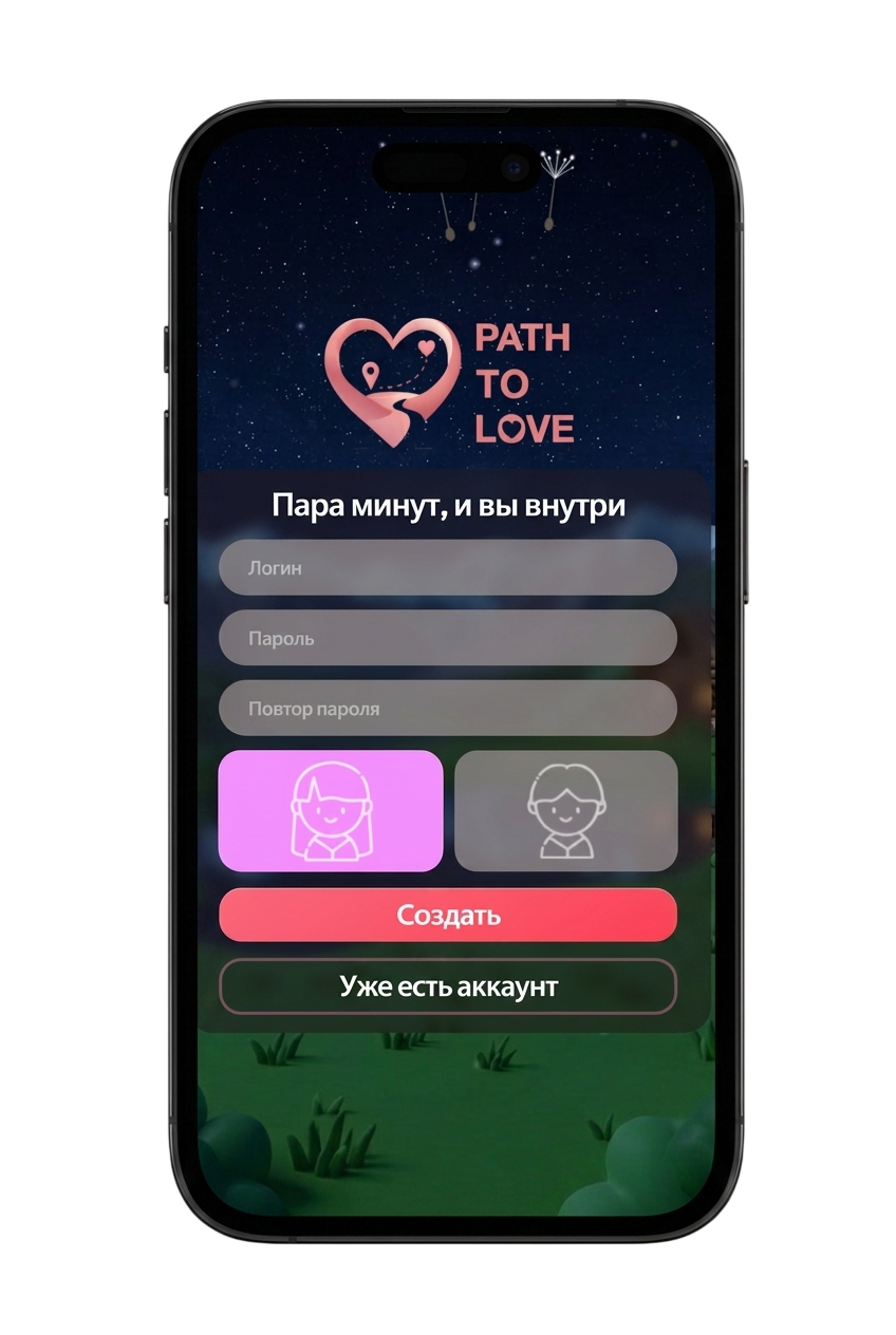 Экран регистрации PathToLove — создайте аккаунт